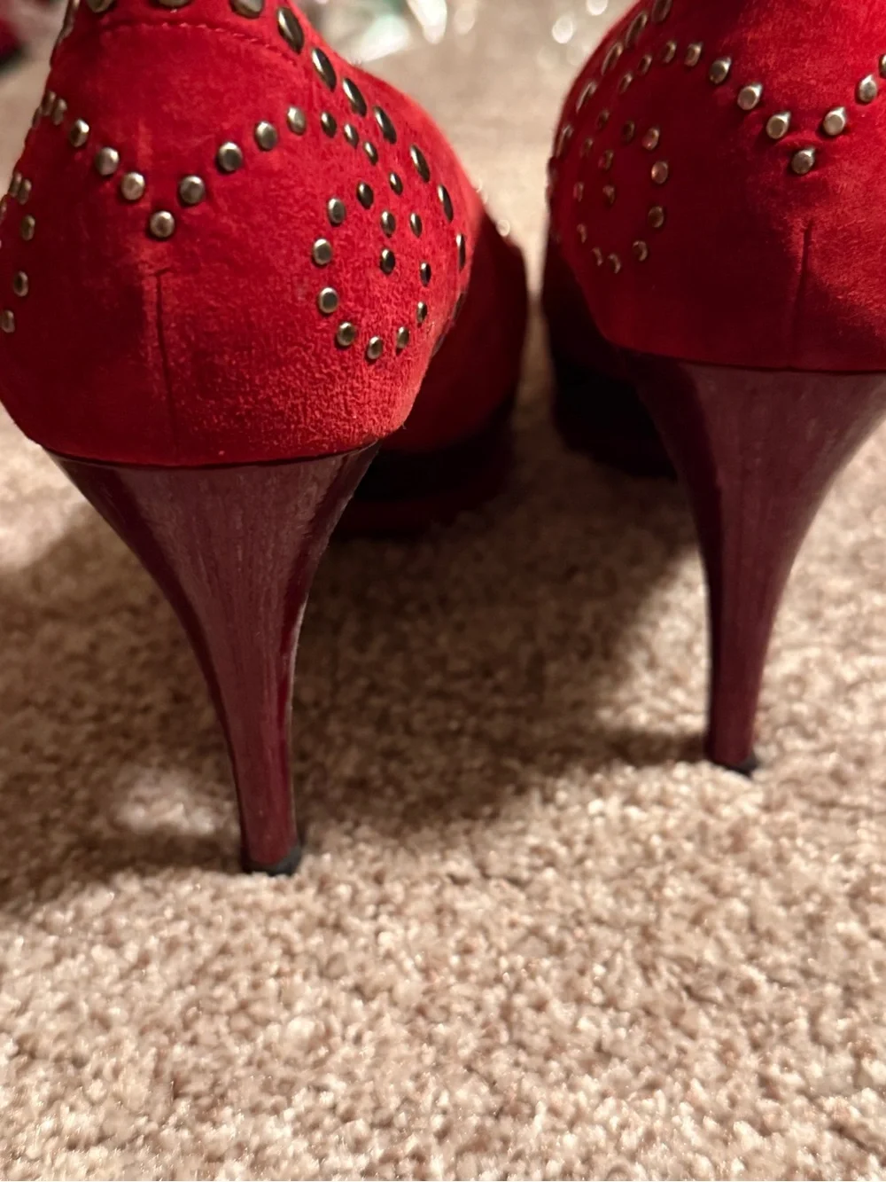 Stuart Weitzman Red Suede Studded Pointed-Toe Pumps